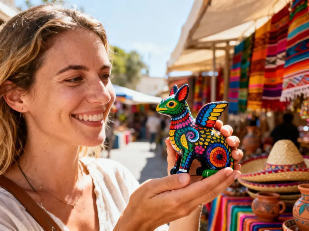 Uśmiechnięta kobieta trzymająca kolorową figurkę alebrije na tle meksykańskiego targu z rękodziełem.