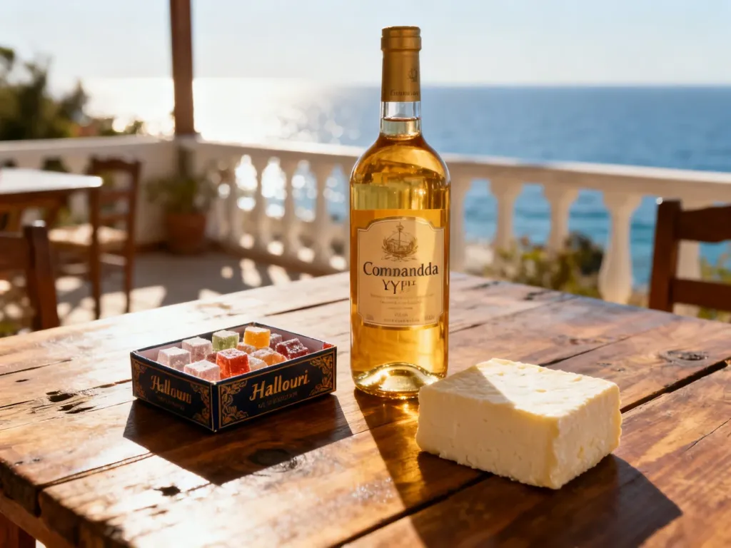 Tradycyjne cypryjskie produkty: wino Commandaria, ser halloumi i lokum na tle słonecznego tarasu z widokiem na morze.
