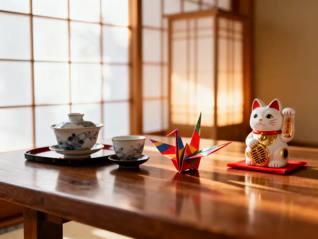 Zestaw japońskich pamiątek: ceramiczny serwis do herbaty, papierowy żuraw oraz figurka kota maneki-neko na drewnianym stole.